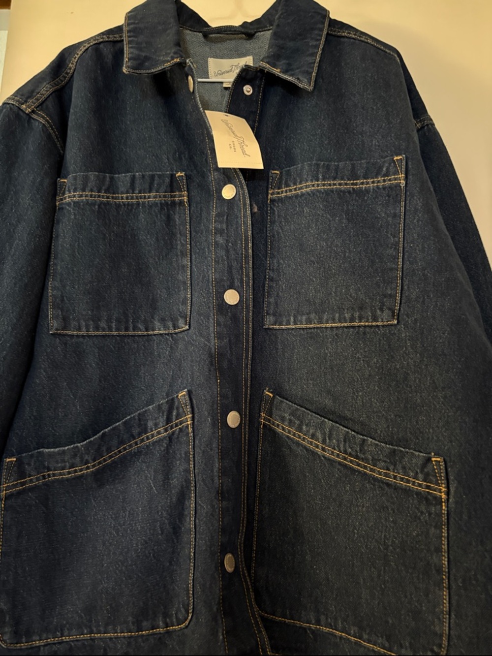NWT-Medium Oversized Universal Thread Dark Blue Denim 4 pocket 
Long Jean Jacket - Picture 8 of 10